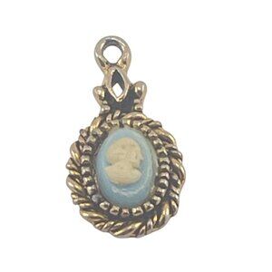Vintage Cameo Pendant Charm With Blue & White Profile In Ornate Gold-Tone Frame